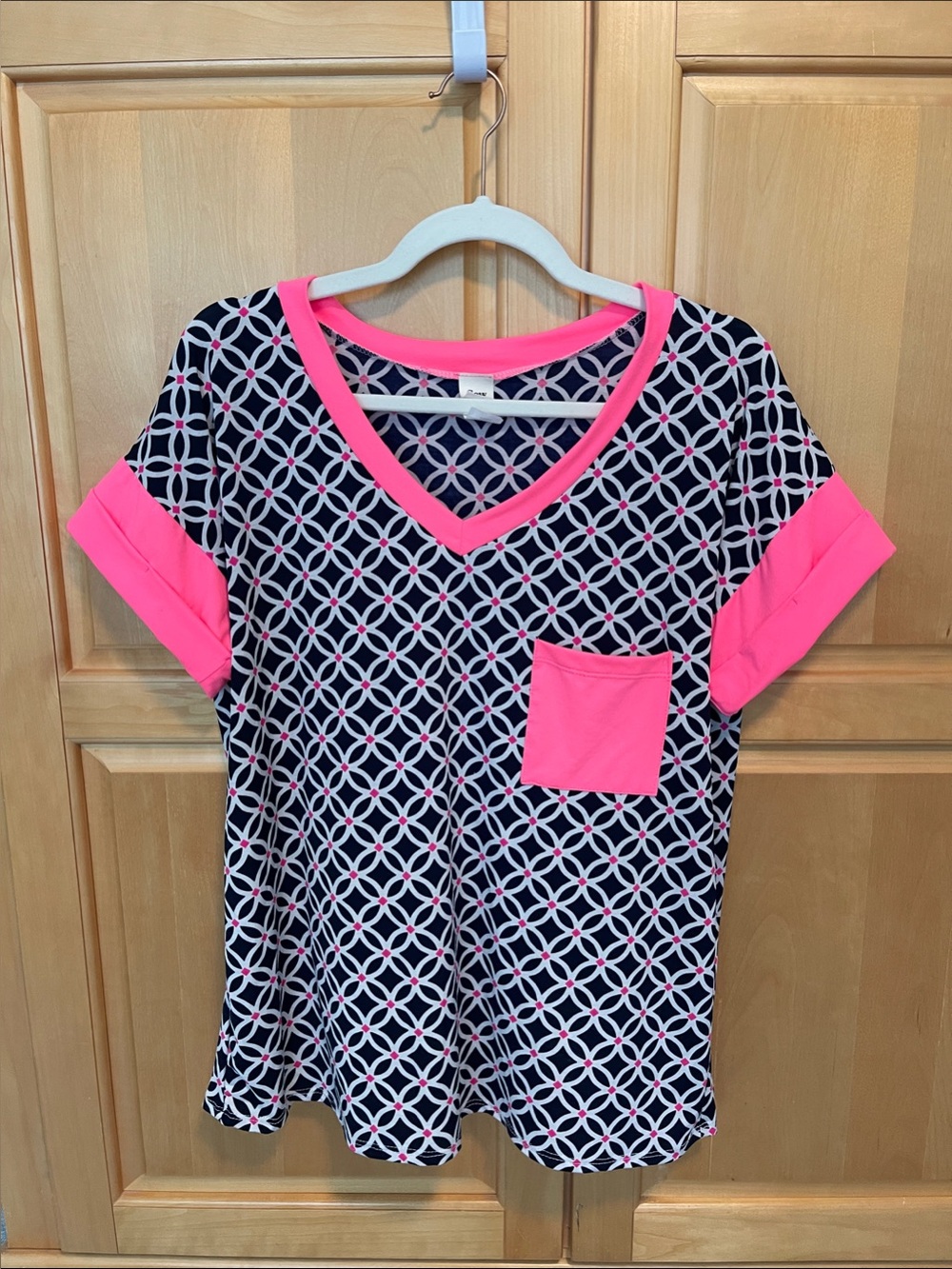 Sew in Love - Black & White Geometric Tee with Hot Pink Trim